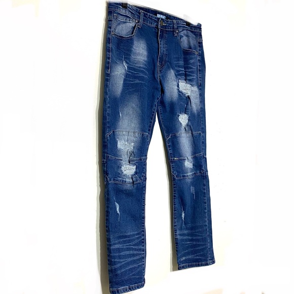 Blue Tar jeans med wash BLUE relaxed fit denim distressed 5 pocket size 34/30 - Picture 7 of 12